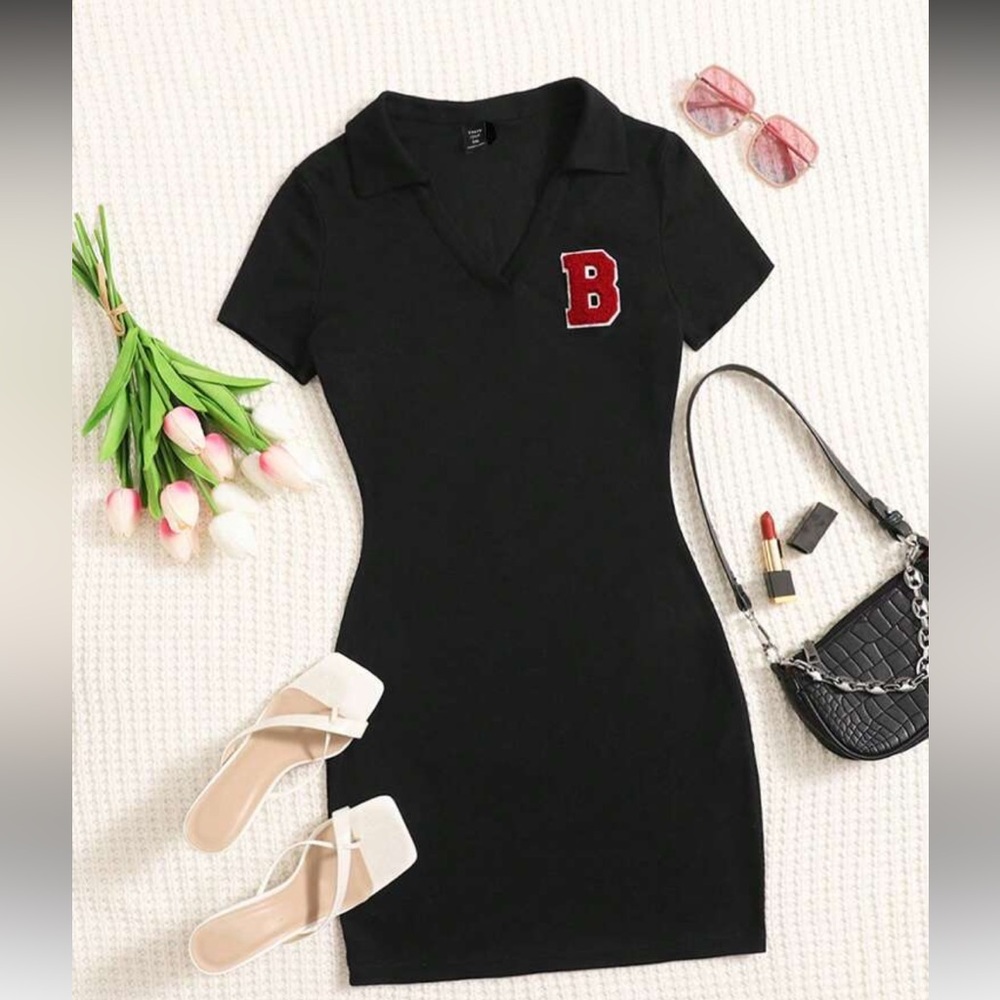 SHEIN Black and Red Letter Bodycon Mini Dress V-Neck